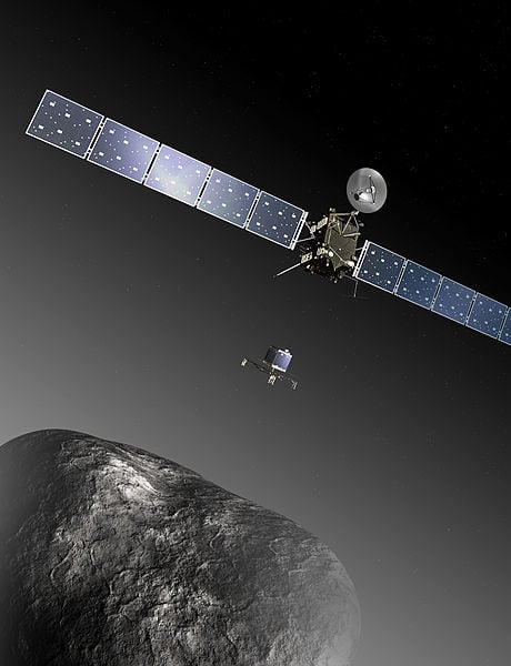 Artist’s impression of the Rosetta orbiter deploying the Philae lander to comet 67P/Churyumov–Gerasimenko.