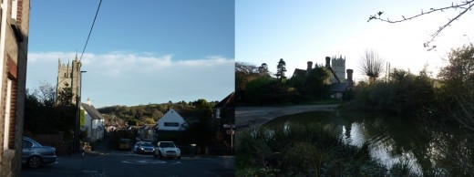 Left- The view down Carisbrooke high street, with St Marys church on the left. Right- The view back across the pond to the rectory and church