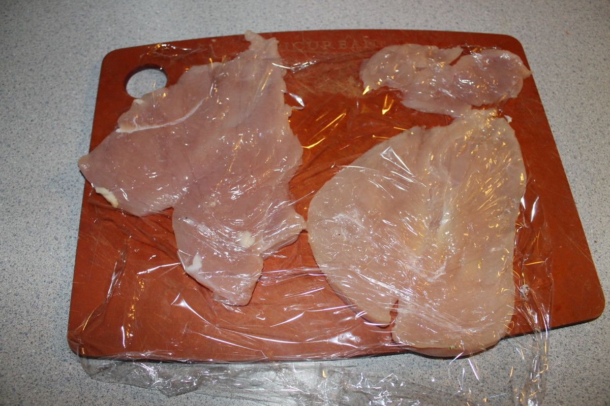Pound the chicken breast, but make sure you don't make holes in the meat.