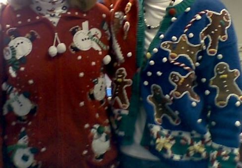 The faces have been cropped out to protect the identity of these Ugly Sweater fashion victims.