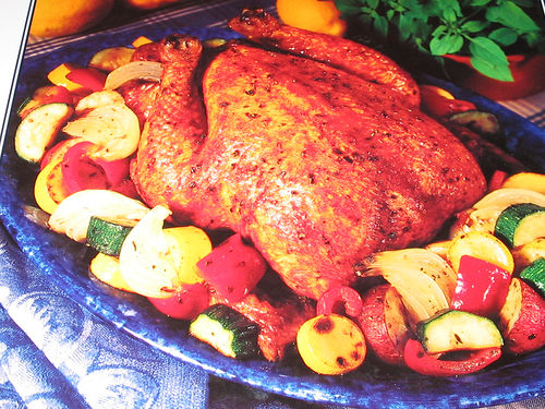 A healthful Thanksgiving Dinner idea. Turkey trimmed with a variety of vegetables.