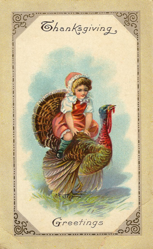 In the early 1900s Thanksgiving cards given to friends and family looked a lot like this on the front, depicting a traditional greeting for the national holiday.