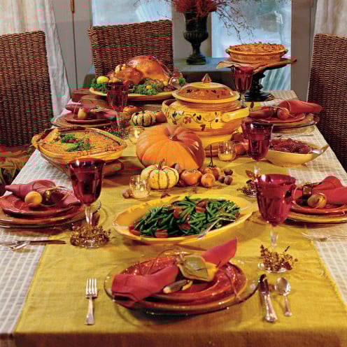 A Thanksgiving Dinner banquet arrangement for a large gathering.