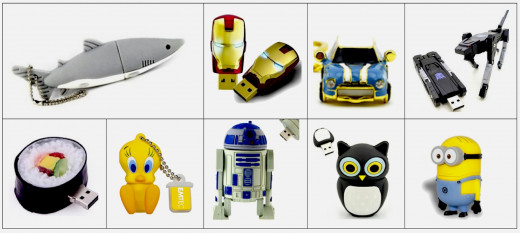 8 GB USB Flash Drives. Top, l to r: Niceeshop™ Shark, Marvel Iron Man Mark IV, Sunworld Mini Cooper, Newdigi Transformer. Bottom: HDE Sushi Calif. Roll, Emtek Looney Tunes Tweety Bird, Euroge Tech® R2D2, Cute PVC Owl, EP Despicable Me 2 Minions Dave