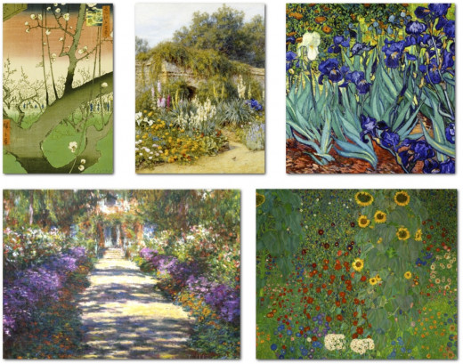 Above, top to bottom, l to r: Plum Garden, Kameido by Ando Hiroshige,; Gertrude Jekyll's Garden, Munstead Wood by Helen Allingham; Irises, Saint-Remy by Vincent van Gogh; Garden at Giverny by Claude Monet; Farm Garden with Sunflowers by Gustav Klimt