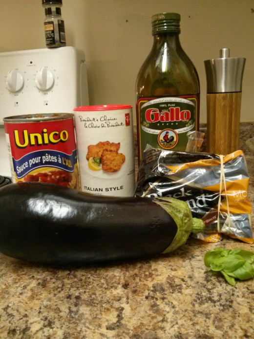 tomato sauce, bread crumbs, eggplant, olive oil, basil, cheese, black pepper