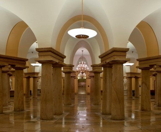 Beneath the U.S. Capitol is an area known as the Crypt located under the Rotunda. It was designed as the final resting place of George Washington. However, under the stipulations of his last will, Washington was buried on his estate, Mount Vernon.
