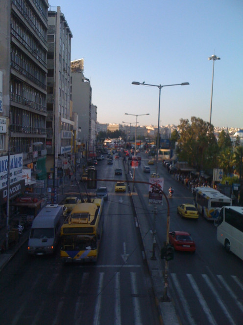 Early morning view from the bridge over Akti Poseidonos Street on the way to the port of Piraeus.