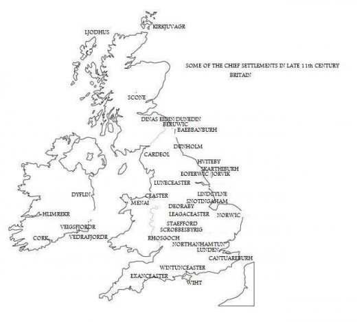 Britain in the 11th Century with the names of cities and boroughs as they were entered in the Chronicle