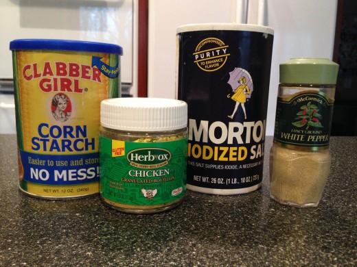 Corn starch, chicken bouillon, salt, and white pepper. See the story about white pepper below.
