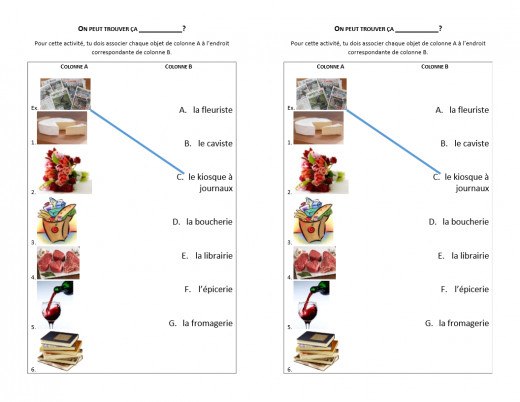 Matching worksheet with product and French stores