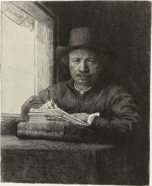 Self Portrait - Rembrandt Drawing at a Window (1648) drypoint, etching and engraving on paper - a portrait of a widower of some years