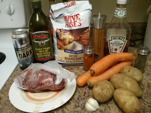 Beer, Oil, Flour, Beef, Pepper, Paprika, Ketchup, Garlic, Carrots, Potatoes, Oregano