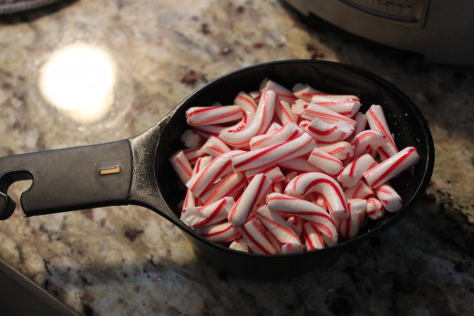 Start with one cup of broken up candy canes. 