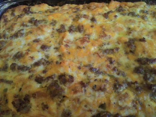 Breakfast Casserole: Easy thing to store (raw or cooked) in the refrigerator and heat up later. Mix raw eggs with cooked sausage, cheddar cheese, milk, cubed toasted bread, salt/pepper. Onions and green peppers optional.