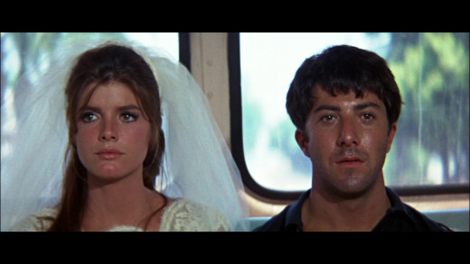 Elaine (Katharine Ross) and Benjamin sit in silence after their successful escape from the church and from the expectations of their respective families.