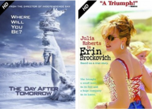 The Day After Tomorrow and Erin Brockovich DVDs to borrow, rent, or stream