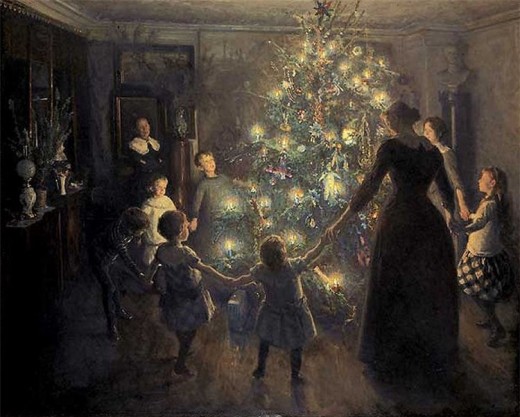 Painting "Glade jul" by Viggo Johansen (1891) representing a Christmas tree and its ritual.