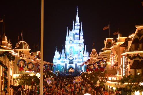 Enter The Magic Kingdom and be awed as you walk down Main Street U.S.A toward Cinderella's Castle frozen during Thanksgiving at the The Magic Kingdom. 