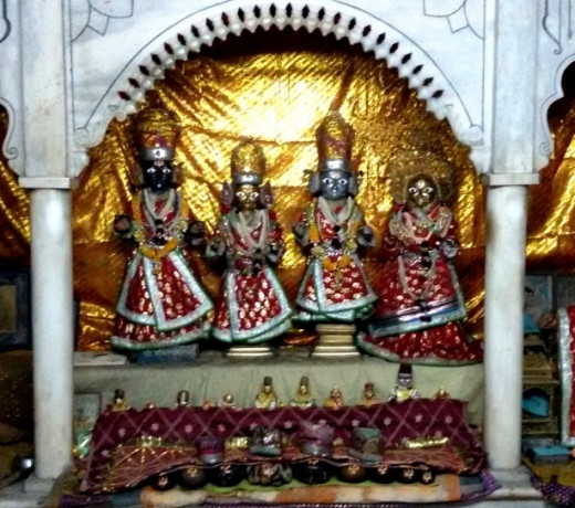 The idols in the temple of Moni Parvat; from left : Moni Devta, Lakshman, Lord Rama & Sita
