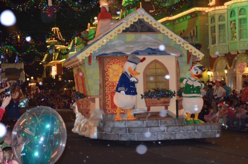 Donald Duck joins "Mickey's Very Merry Christmas Party" at The Magic Kingdom. The only people in the park during this party are those who a buy a party ticket - which means ride lines are short, and crowds manageable.