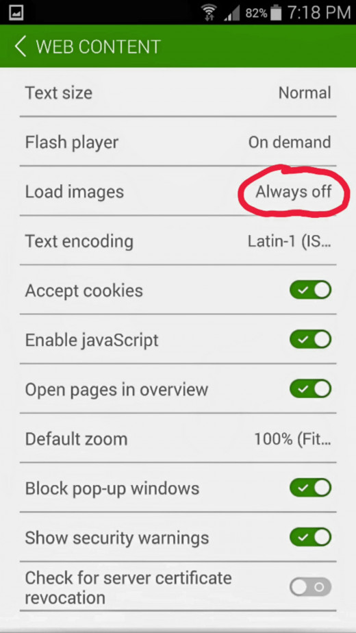 Settings page of Dolphin browser.