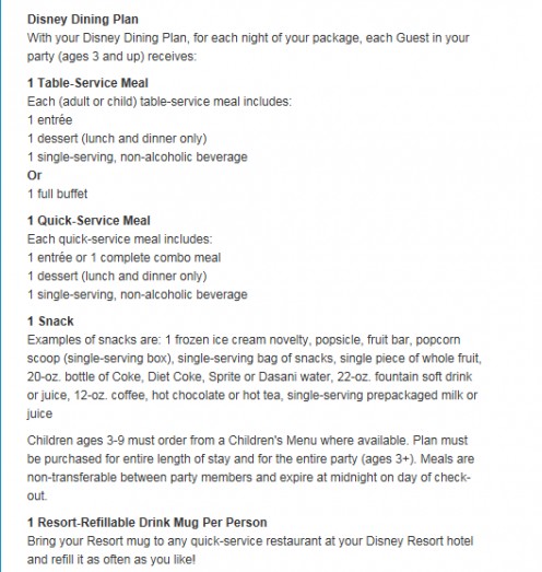 This is an example of a meal plan for the Walt Disney World Resort. This image represents one day of meals for one person. If you plan to stay for 7 days, then you would purchase a meal plan that would serve each one in your party for 7 days.