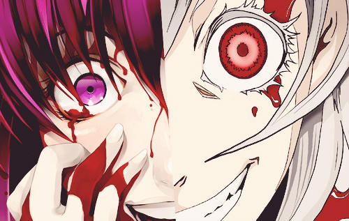 Composite Screenshot image of Yuno Gasai and Shiro, from "Future Diaries" and "Deadman Wonderland."
