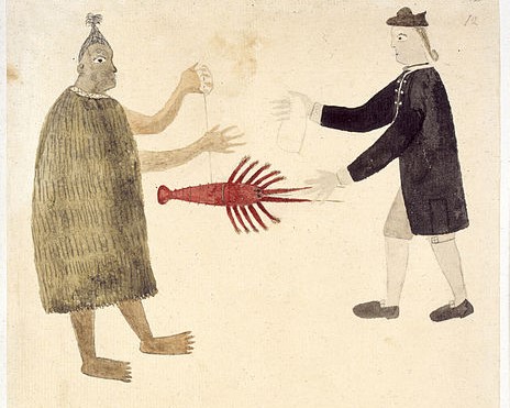 Art from 1769, called, "A Maori bartering a crayfish with an English naval officer."  
