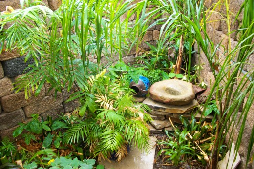 Palm trunks originally held back the soils left to right horizontally in the photo under the metate stone,