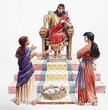 King Solomon judging the case of two women, who claimed the same baby.
