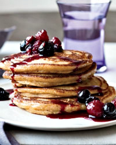 Blueberry Raspberry Compote Topping Eggnog Pancakes.