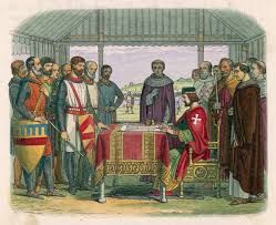 one of the many artistic impressions of the King, church leaders and barons at the signing.