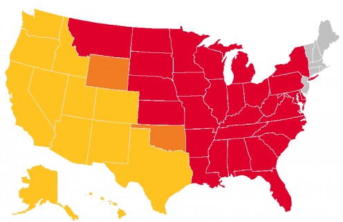 Carl's Jr. locations are in yellow and Hardee's are colored in red. States with both Carl's Jr. and Hardees are colored in orange 
