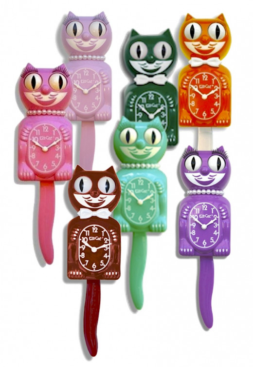 Just some of the many styles and colors of Kit-Cat Clocks available today.