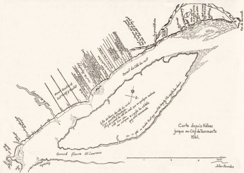 Map of Beaupré and Orléans Island, at east of Quebec City, made by Jean Bourdon in 1641. (Mgr Cyprien Tanguay dans son Dictionnaire généalogique des familles canadiennes, Province de Québec, Eusèbe Senécal, Imprimeur-éditeur, 1871-1890.)