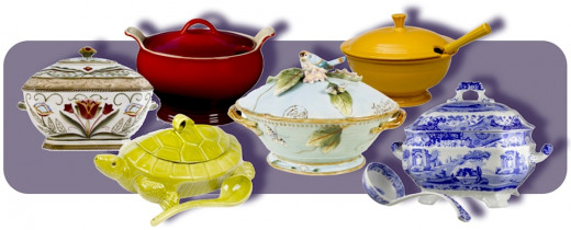 L to R: Fitz & Floyd Glennbrook Tureen,  Le Creuset Stoneware 3-Qt Cherry Tureen, Green Ceramic Turtle Tureen, Fitz & Floyd Toulouse Tureen, Fiesta 75th Anniversary Tureen in Marigold, and Spode Blue Italian Tureen and Ladle. All available at