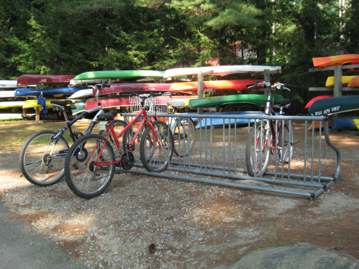 The bike rack by the lake. It's just a short ride from the cottage to go for a swim or sit on the dock. 