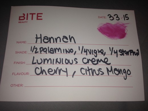 The recipe for my custom lipstick from Bite Beauty Lip Lab!