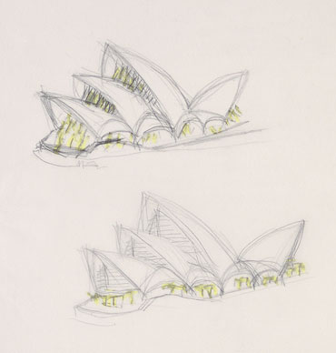 J&oslash;rn Utzon (b.1918)Perspective sketches of Opera House with glazing highlit c.1960 pencil and crayon on paper; 33.0 x 47.0cm PXP492 ff209 Presented by Bill Wheatland, for J&oslash;rn Utzon, 1972 Mitchell Library, State Library of New South Wales