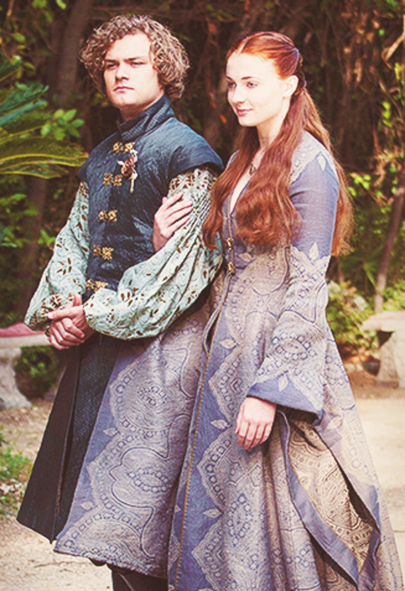 Sophie Turner as Sansa Stark and Finn Jonas as Loras Tyrell