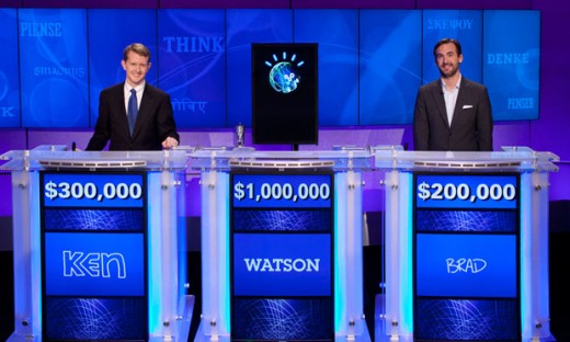 Supercomputer Watson competes against Ken Jennings (L) and Brad Rutter during a Jeopardy! game in Feb. 2011