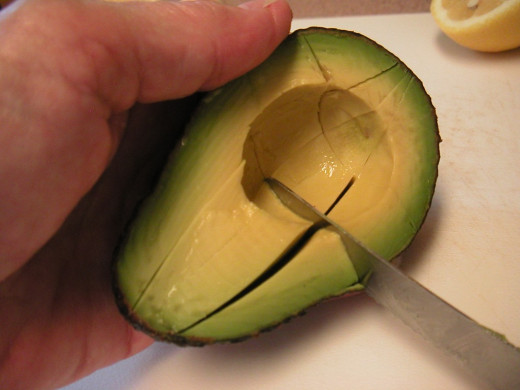 Slicing the avocado within the shell