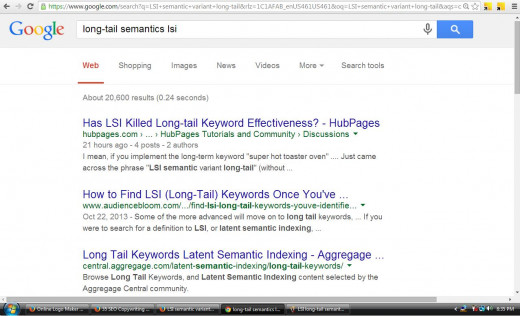 Screenshot of the term "long-tail semantics lsi" showing the forum post I madeat #1!