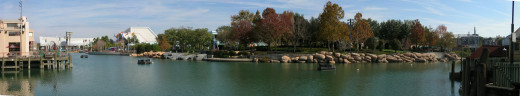 Panoramic view of Universal Studios Florida's lagoon.  The Universal Orlando Resort consists of two theme parks, a night-time entertainment complex, and four Loews Hotels.