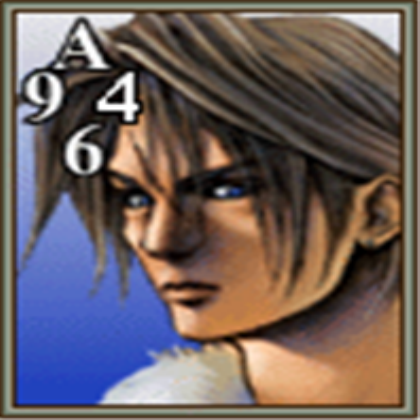 Squall's Triple Triad card. The card has a top side value of A (10), a right  side value of 4, a bottom side value of 6, and a left side value of 9. The right side and bottom should be protected while leaving the top and left side open for defense.