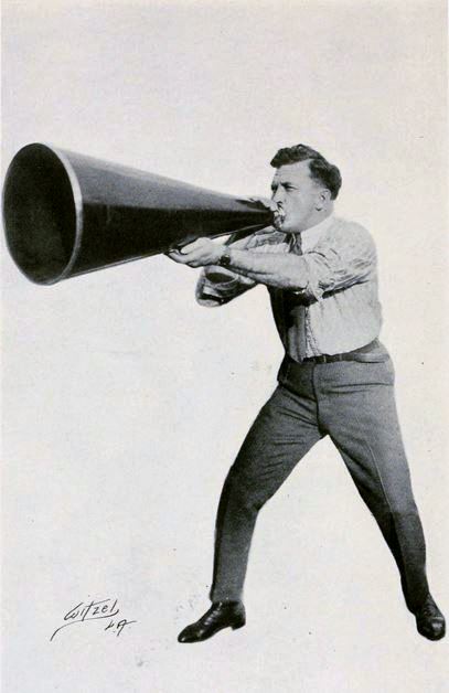 American director Thomas H. Ince using a giant megaphone, on page 138 of Peter Milne, Motion Picture Directing; The Facts and Theories of the Newest Art (1922).
