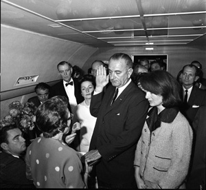vice-president, Lyndon Johhson sworn-in on Air Force One Nov. 23, 1963,the day that John F. Kennedy was assassinated.