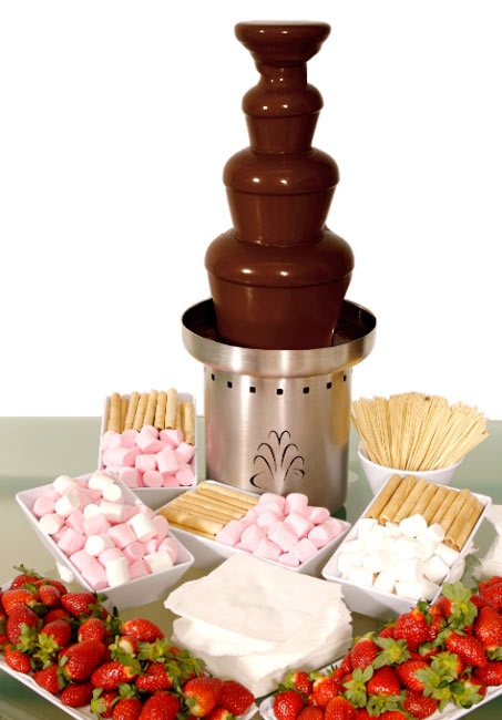 Chocolate fondue with strawberries and marshmallows.