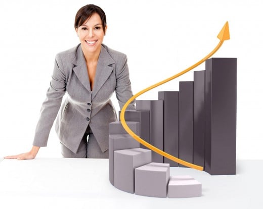 elevate your professional image with burnet lady standing next to rising chart with golden arrow